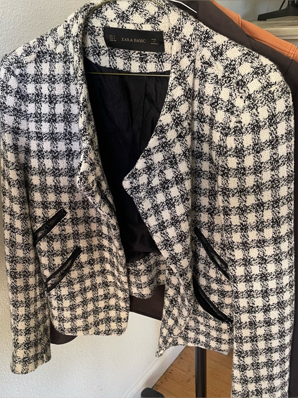 ZARA BASIC Tweed Cropped Textured Blazer Zip Pockets Jacket Women's Sz S